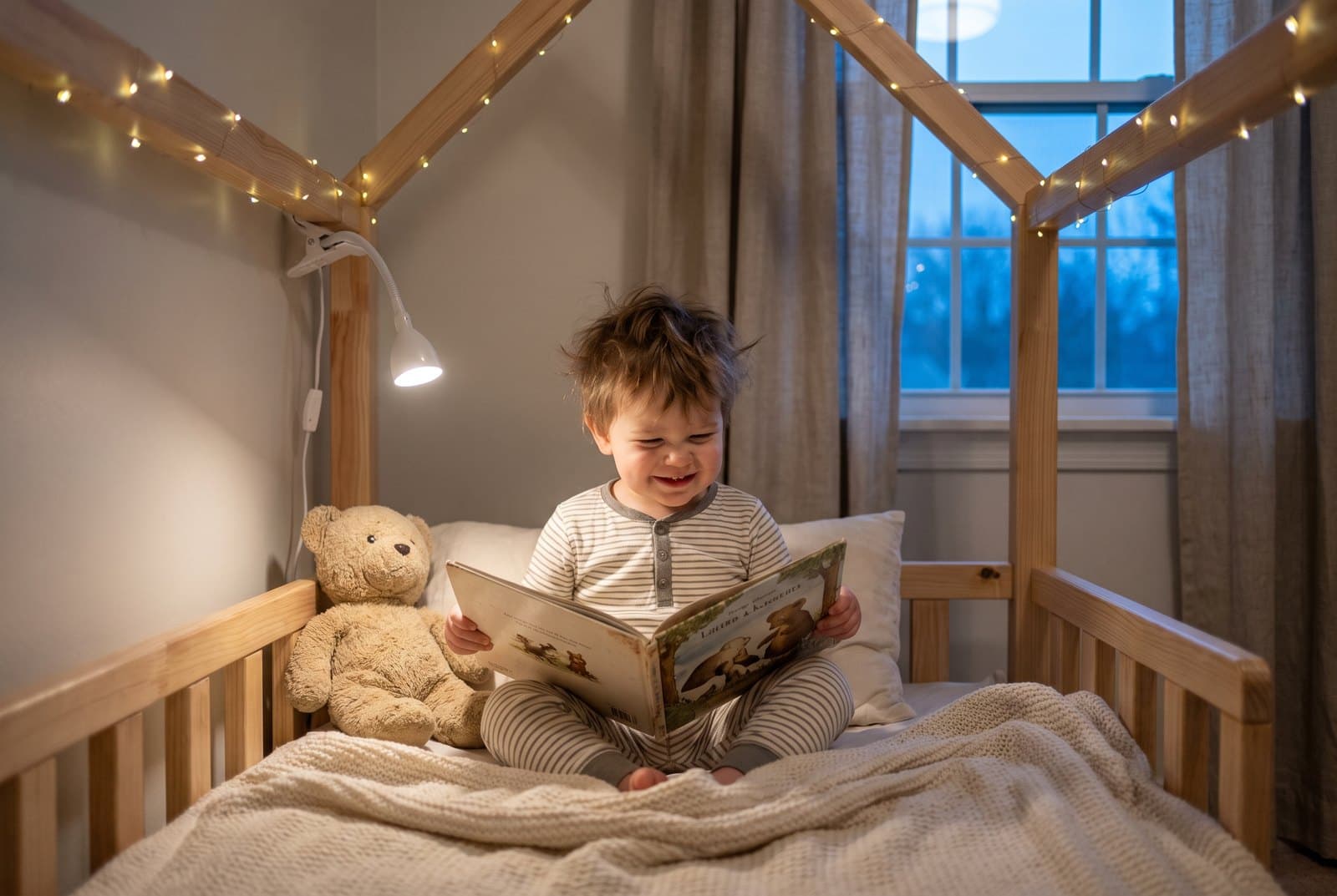 Ouder en kind lezen samen een boek in een ruim houten kinderbed
