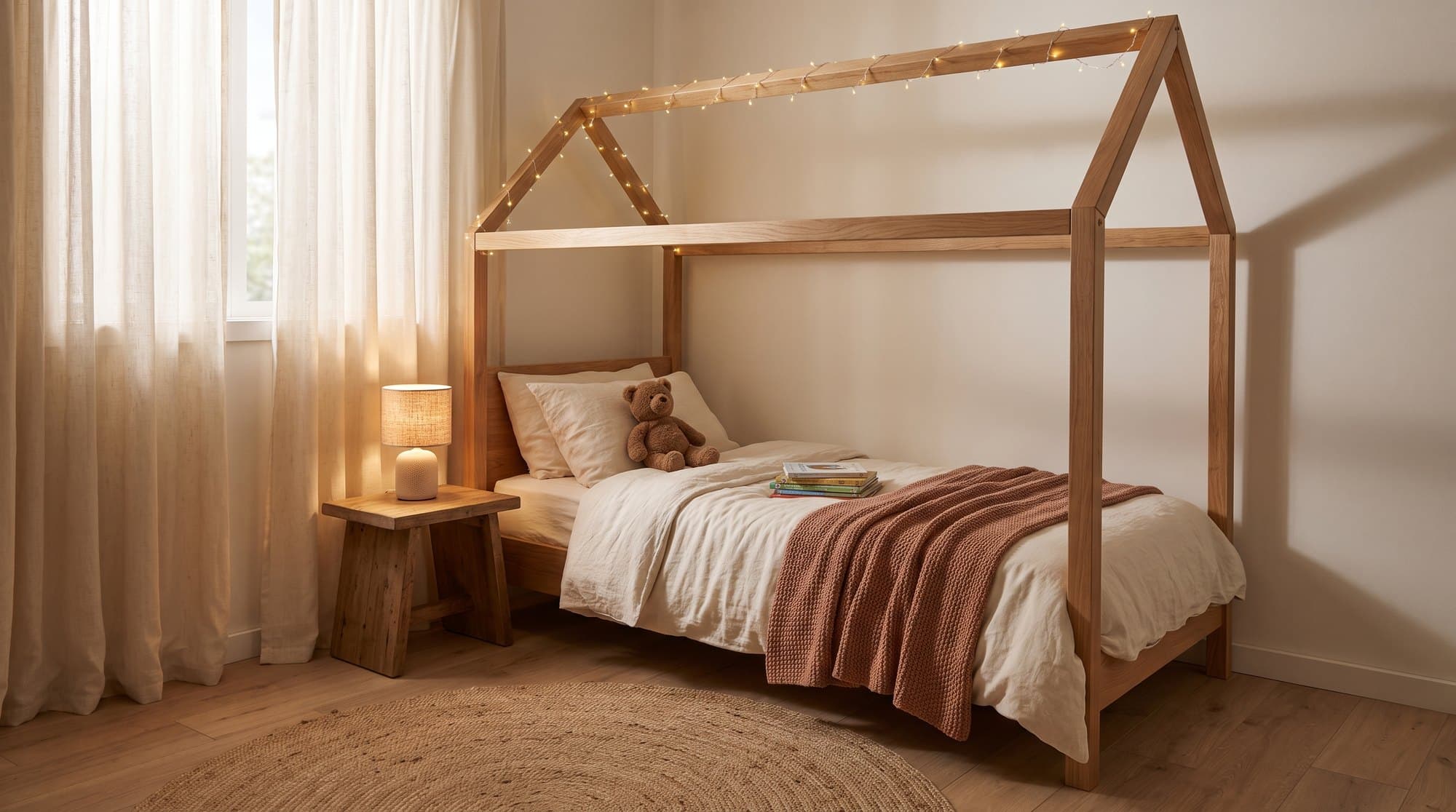 Sfeervolle kinderkamer met handgemaakt houten huisbed van Uitgezaagd