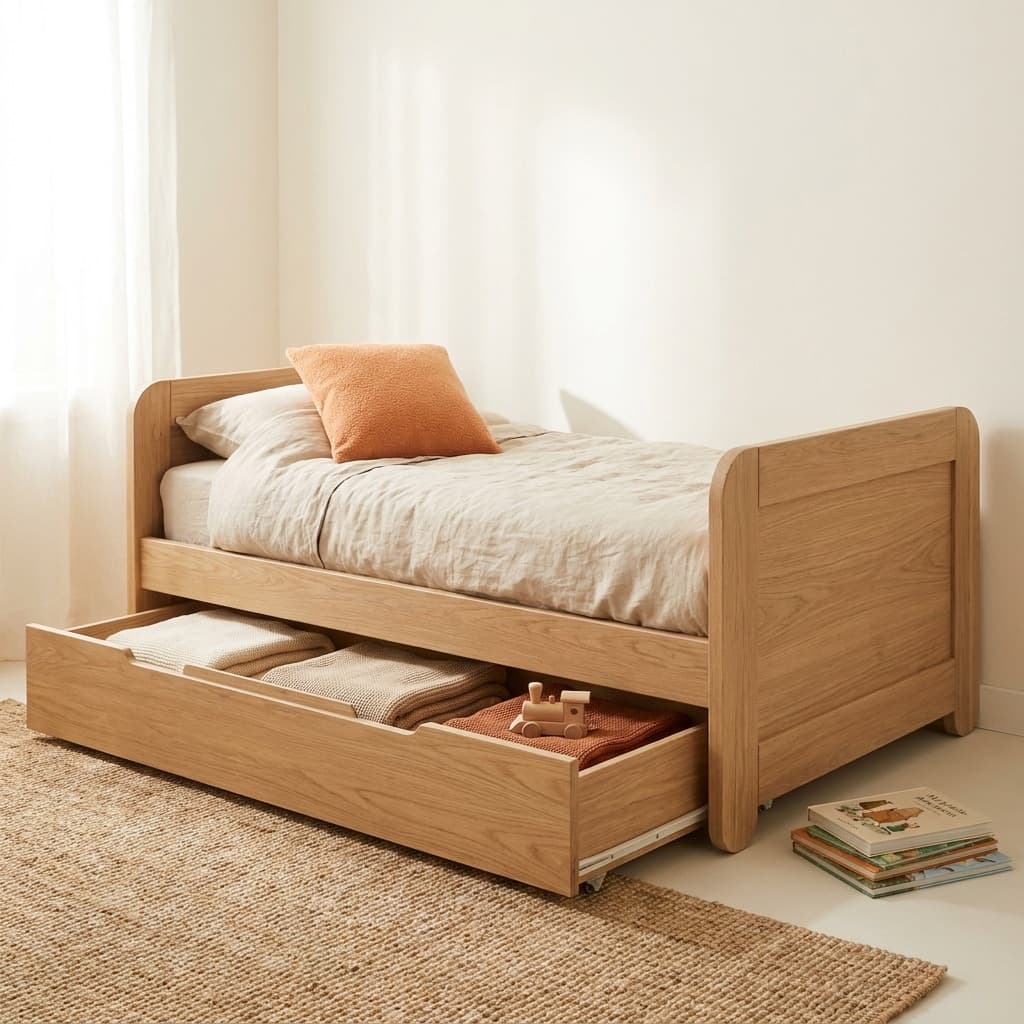 Houten kinderbed met open onderschuiflade gevuld met dekens en houten speelgoed