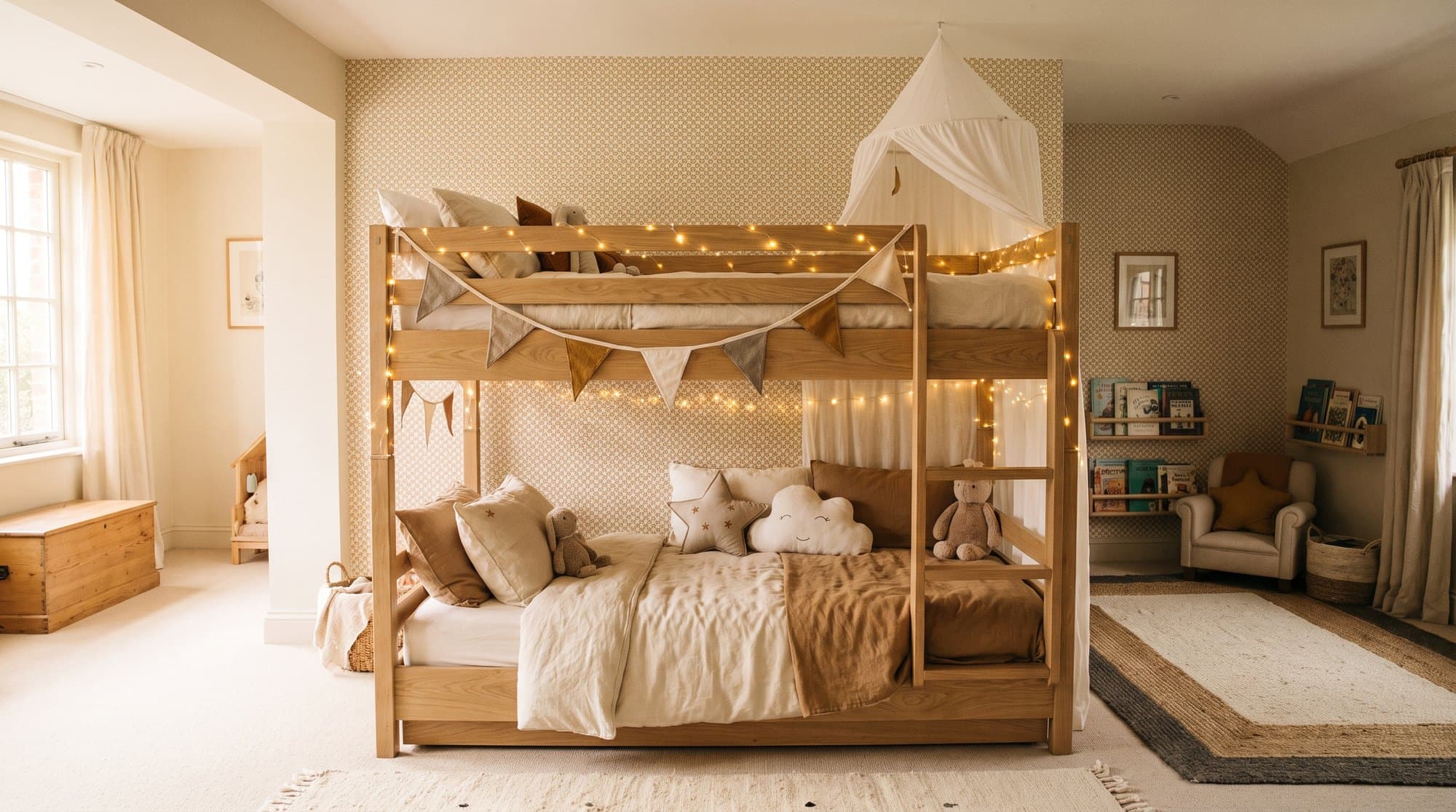 Kinderkamer met handgemaakt houten stapelbed van Uitgezaagd
