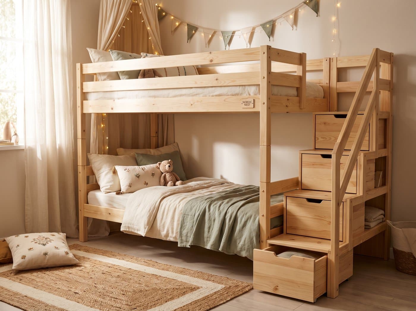 Houten stapelbed met opbergtrap