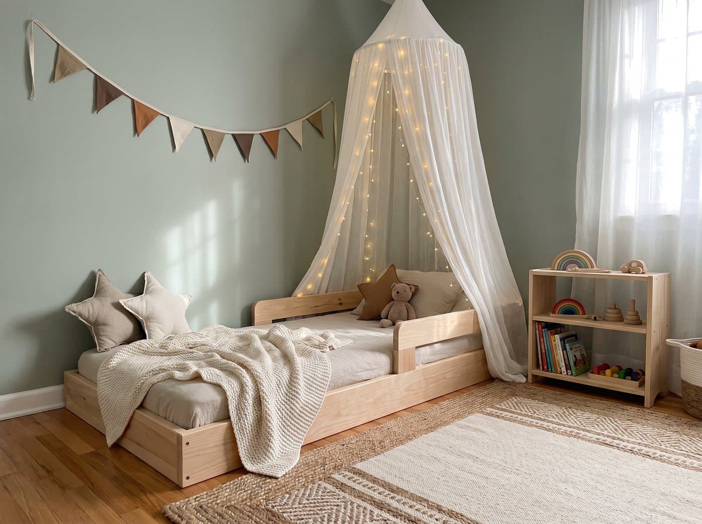 Laag houten montessori vloerbed in een rustige kinderkamer