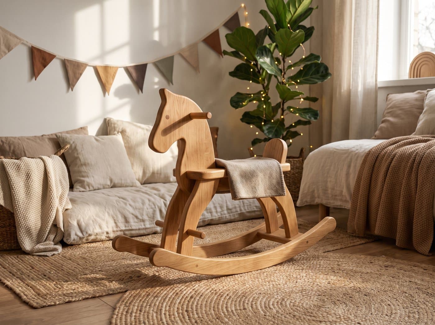 Klassiek houten hobbelpaard van massief eiken in een lichte kinderkamer