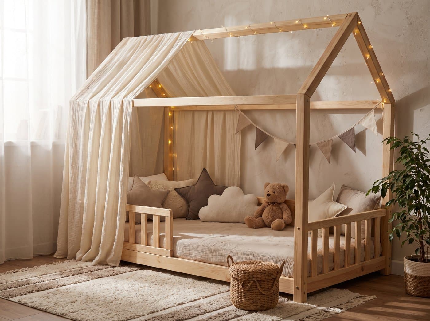 Houten huisbed huisjesbed Montessori vloerbed met puntdak